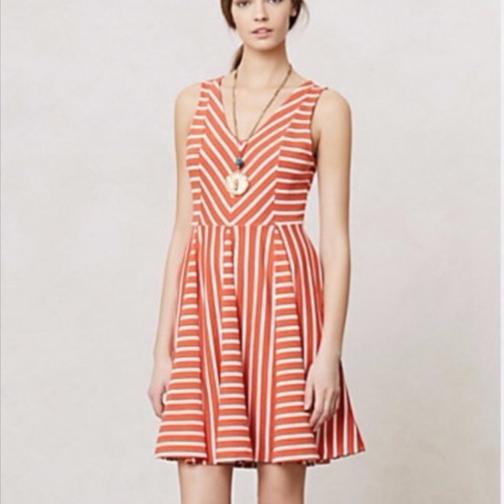 Anthropologie Coral and White Striped Mini Dress
